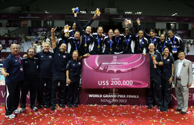 The USA Women's Volleyball team celebrates after winning the Grand Prix in August.
