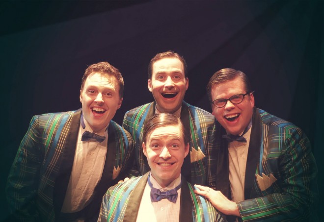 Cast members of "Forever Plaid" are (back row, left to right) Bobby Gardner (also a Minnesota State Mankato alum), Ben Thietje and Tom Karki. In front is Toby Thietje